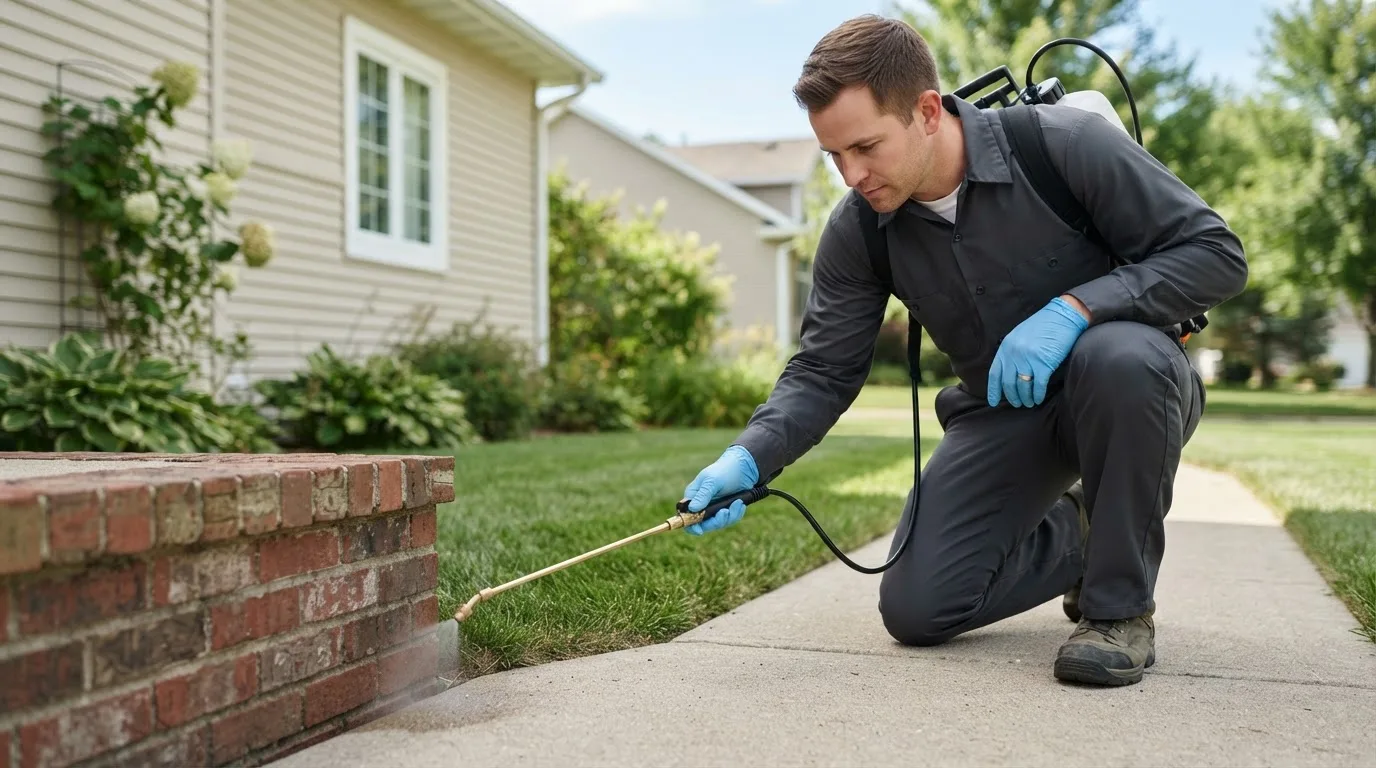 Pest control technician treating a home near Kipling, OH