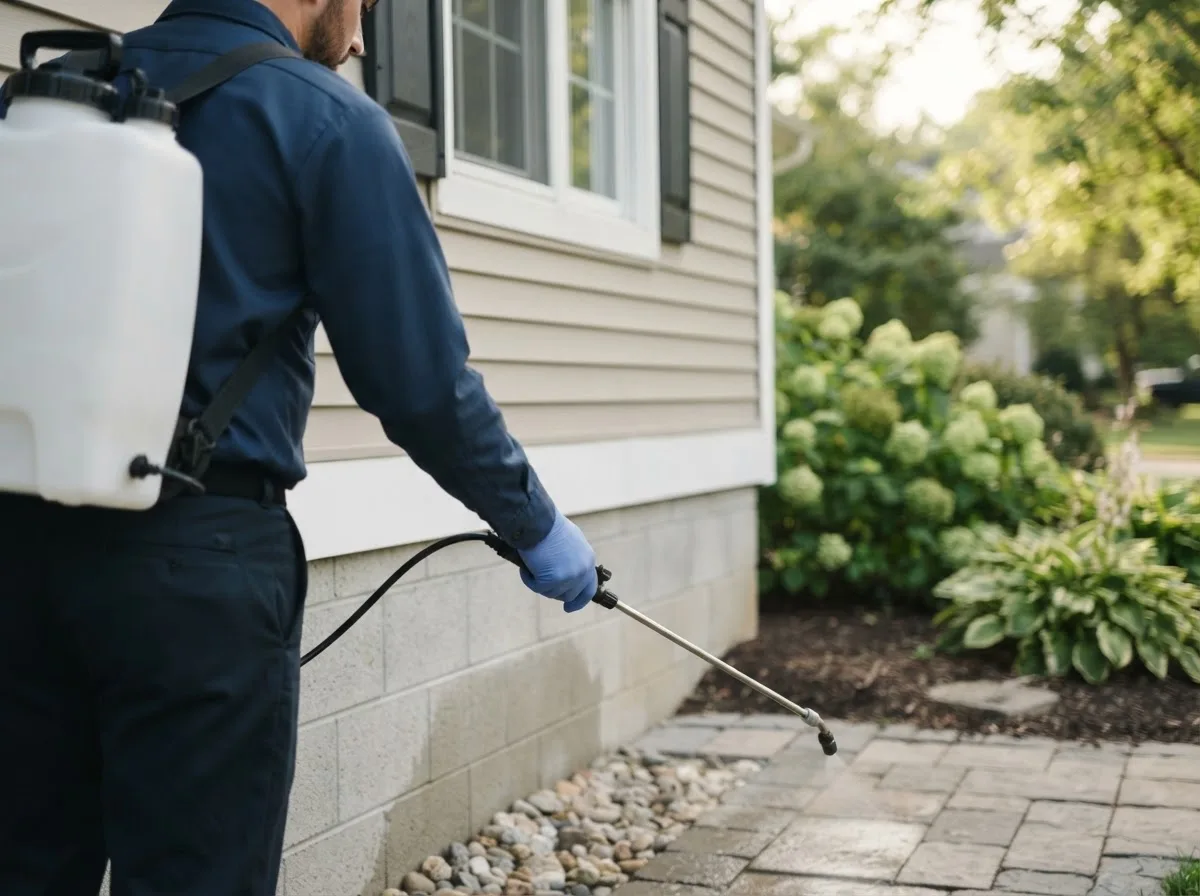 Pest control technician inspecting a home in Kipling, OH